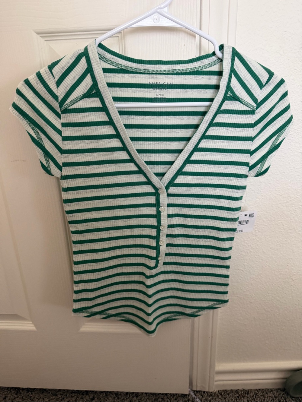 American Eagle Outfitters Green and White Striped Henley Ribbed Top